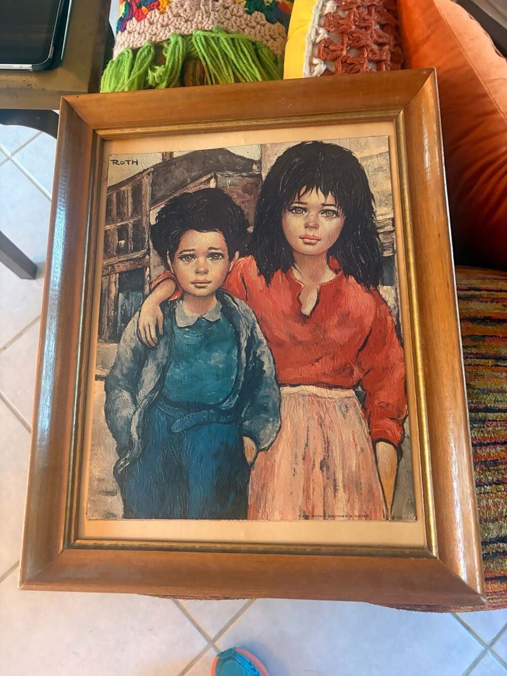 Vintage Etienne Roth Brother and Sister Big Eye Art Lithograph Framed